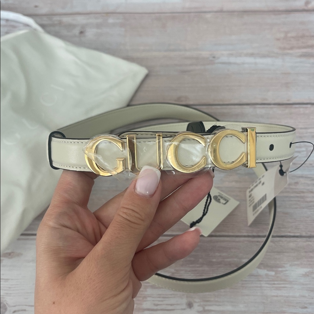 $1,250 New Authentic GUCCI white cream Belt 105 - 42 GG Gold Signature LOGO sale